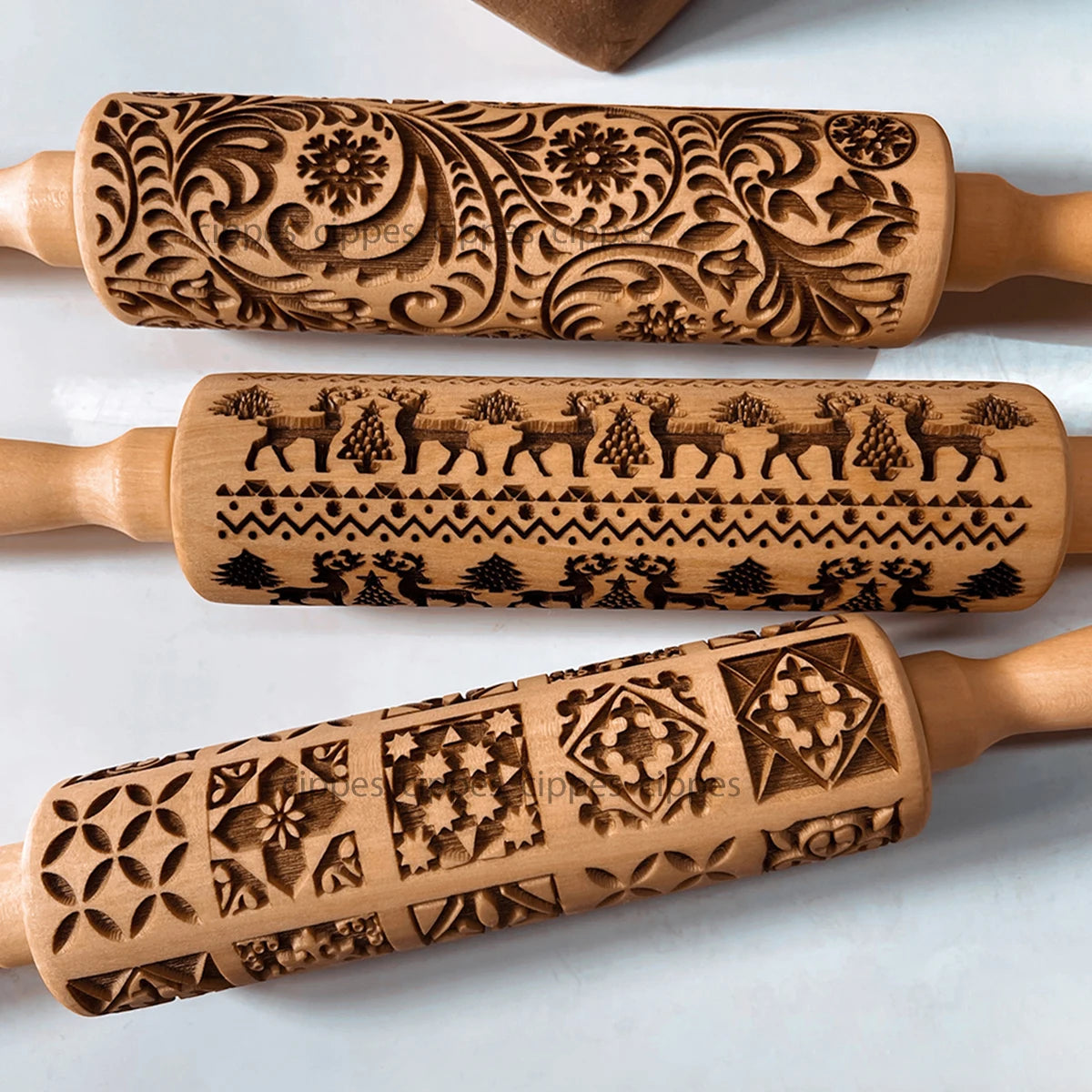 Christmas Rolling Pin with Reindeer Flower Patterns, Wooden Embossed, 3D Cookie Mold, Laser Engraved, DIY Baking Tools, Dough Roller 