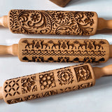 Christmas Rolling Pin with Reindeer Flower Patterns, Wooden Embossed, 3D Cookie Mold, Laser Engraved, DIY Baking Tools, Dough Roller 