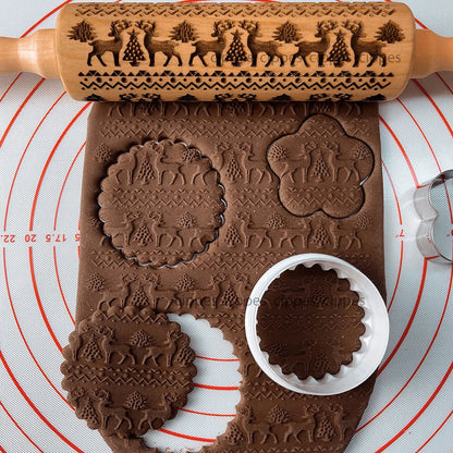Rolo De Massa De Natal Com Padrões De Flores De Rena, Em Relevo De Madeira, Molde Do Biscoito 3D, Gravado A Laser, Ferramentas De Cozimento DIY, Rolo De Massa
