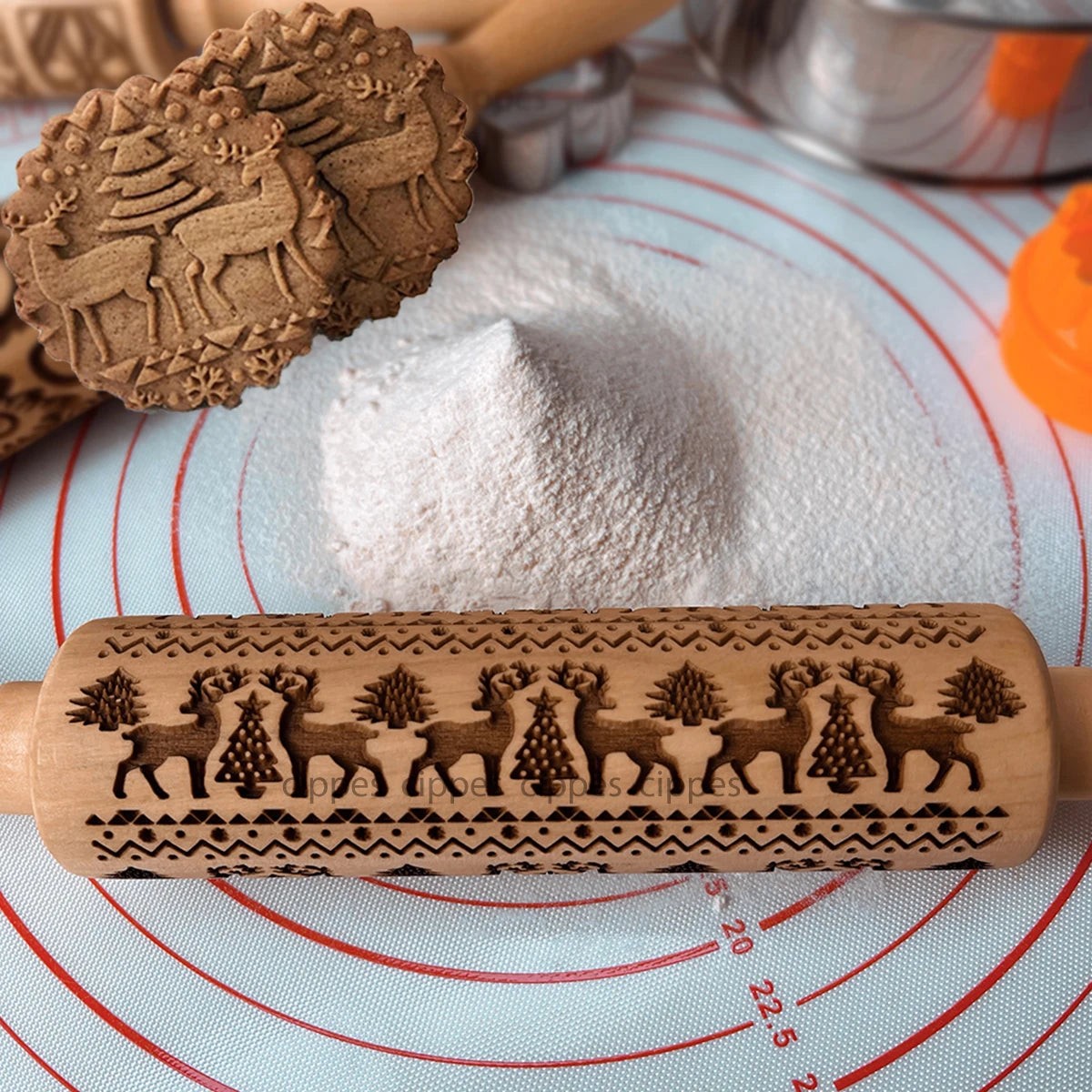 Christmas Rolling Pin with Reindeer Flower Patterns, Wooden Embossed, 3D Cookie Mold, Laser Engraved, DIY Baking Tools, Dough Roller 