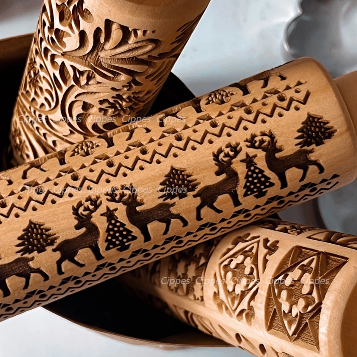 Christmas Rolling Pin with Reindeer Flower Patterns, Wooden Embossed, 3D Cookie Mold, Laser Engraved, DIY Baking Tools, Dough Roller 