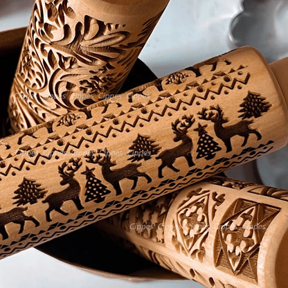 Rolo De Massa De Natal Com Padrões De Flores De Rena, Em Relevo De Madeira, Molde Do Biscoito 3D, Gravado A Laser, Ferramentas De Cozimento DIY, Rolo De Massa