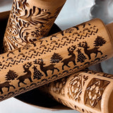 Christmas Rolling Pin with Reindeer Flower Patterns, Wooden Embossed, 3D Cookie Mold, Laser Engraved, DIY Baking Tools, Dough Roller 