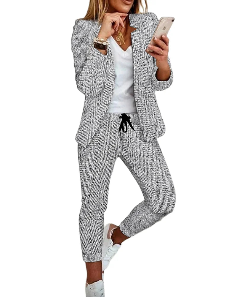 Roupa de duas peças para senhoras, terno com gola entalhada, jaqueta de manga comprida, calça casual elegante roupa de trabalho de escritório, moda, 2023