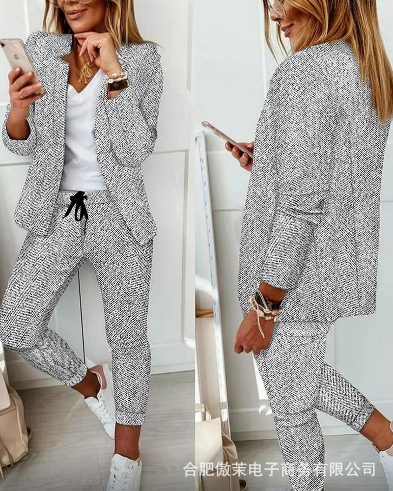 Roupa de duas peças para senhoras, terno com gola entalhada, jaqueta de manga comprida, calça casual elegante roupa de trabalho de escritório, moda, 2023