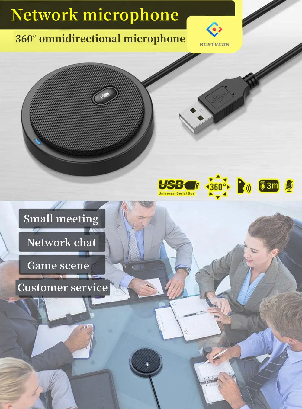 HCSTVCON Microphone Omnidirectional Video Conference Mini Portable 360° Voice Pickup USB Plug for Meeting Business Online Live