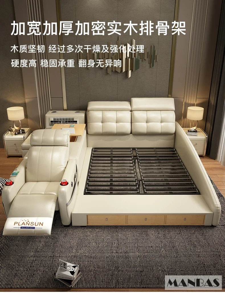 MINGDIBAO Massage Bed with Ultimate Comfort and Genuine Leather Multifunctional Frame - Bluetooth Speaker, Safe Air Cleaner, USB