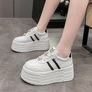 8cm Leather Flats Casual Dad Shoes Chunky Sneakers 2025 Women Platform Sports Shoes Ladies Skateboard Hidden Heels Shoes Tennis