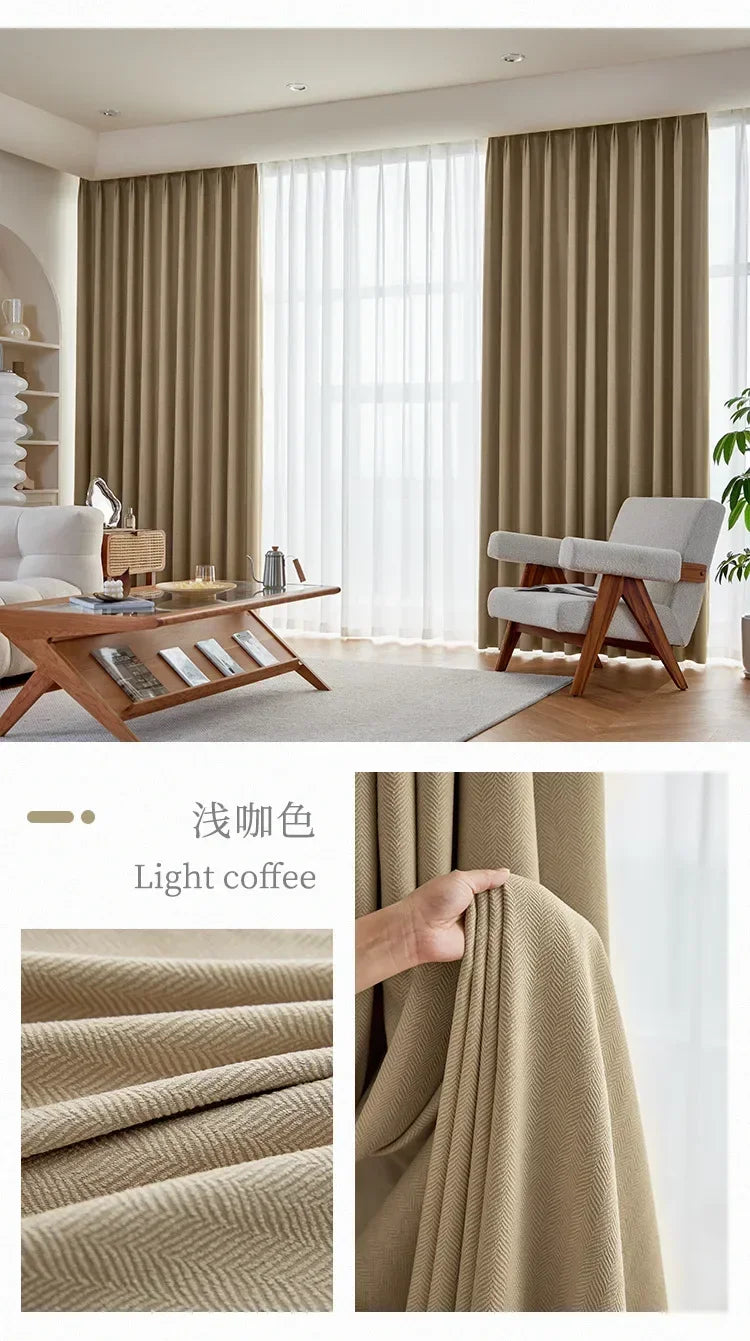 Herringbone Chenille Beige Thickened Blackout Curtains for Living Room Dining Room Bedroom Solid Color Luxury Curtains Custom