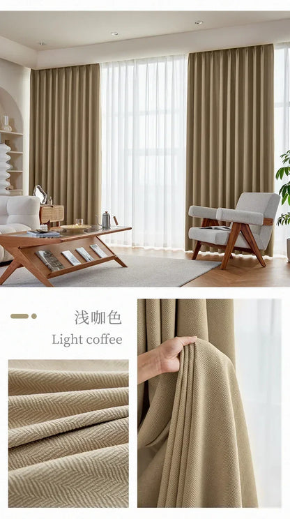 Herringbone Chenille Beige Thickened Blackout Curtains for Living Room Dining Room Bedroom Solid Color Luxury Curtains Custom