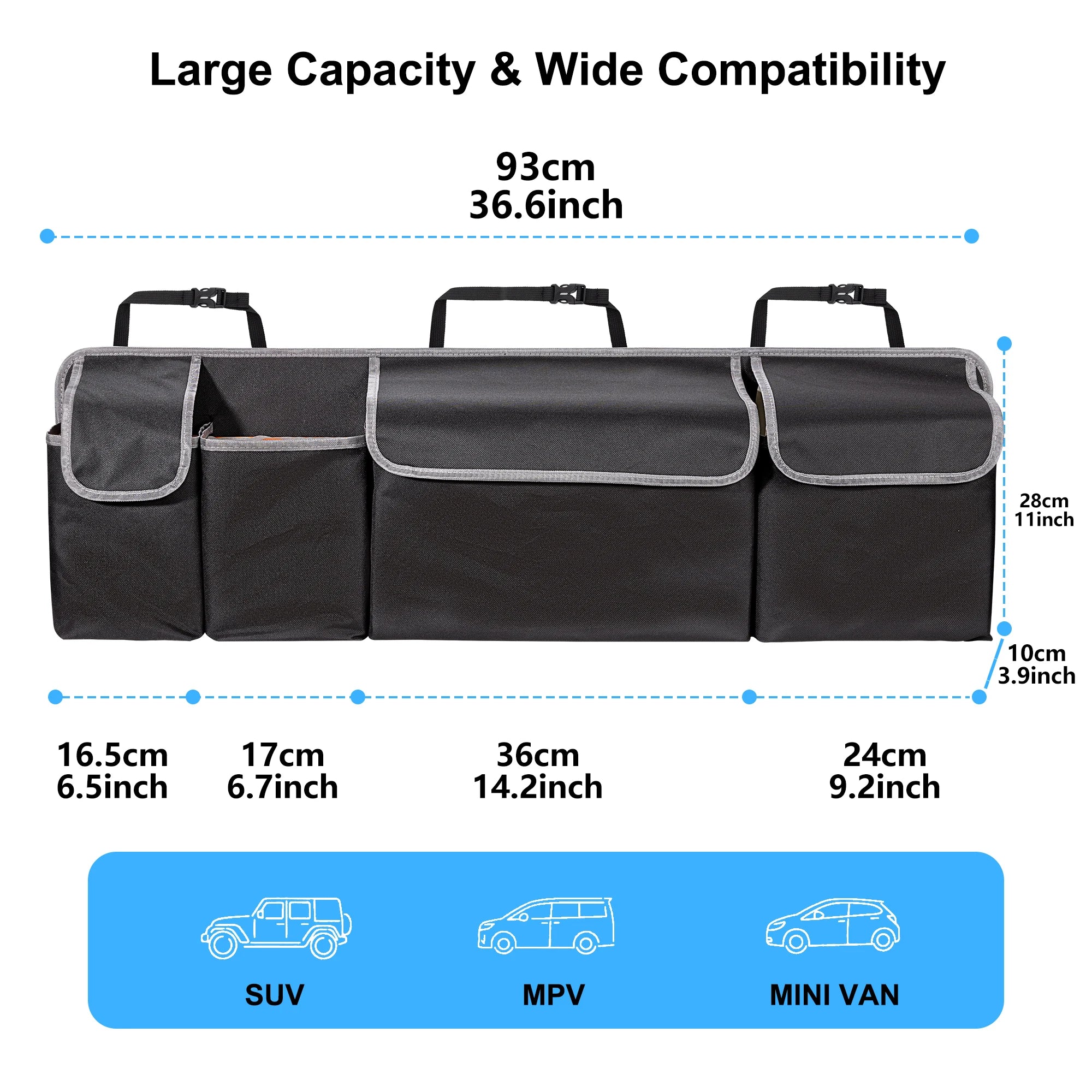 Car Trunk Organizer for SUV Backseat Hanging Organizer for SUV Truck MPV Upgrade Back Seat Storage Bags with 4 Pockets 39*14inch