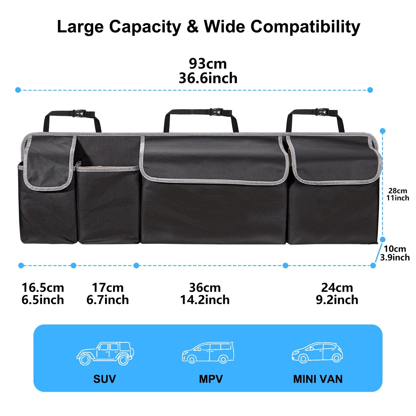 Car Trunk Organizer for SUV Backseat Hanging Organizer for SUV Truck MPV Upgrade Back Seat Storage Bags with 4 Pockets 39*14inch