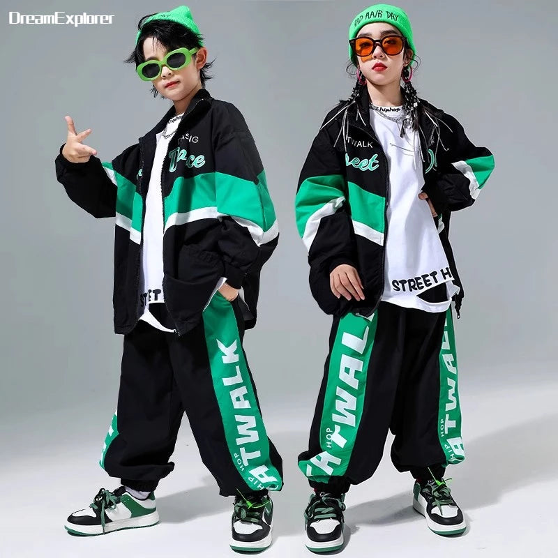 Hip Hop Girls Contrast Bomber Jacket Sport Pants Boys Street Dance Coat Streetwear Kids Jazz Clothes Set Children School Uniform