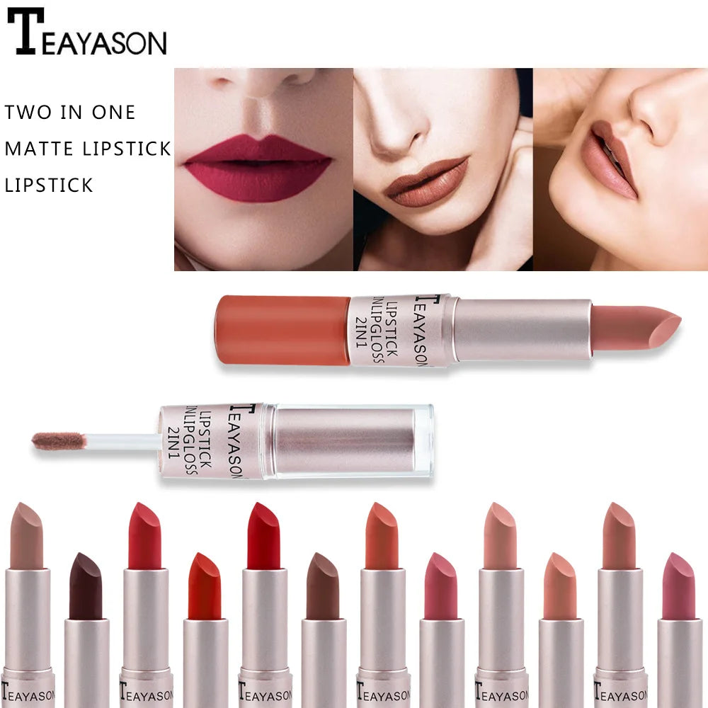Lápiz labial mate aterciopelado de larga duración, brillo labial de doble cabezal, taza antiadherente, brillo labial, tinte voluminizador, lápiz labial resistente al agua, maquillaje
