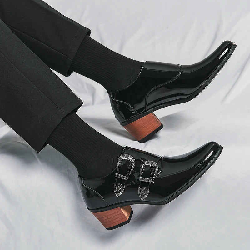 Luxury Designer Monk Leather Men's Shoes, High Heels, Polished, Double Buckle, Pointed Toe, Casual Shoes for Men, Party Wedding Shoes for Men