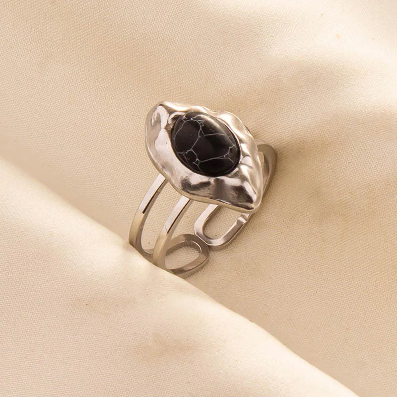 1pc Boho Turquoise Ring Stainless Steel Black Stone Silver Color Adjustable Ring Women Ethnic Ring Bohemian Jewelry Gift No Fade