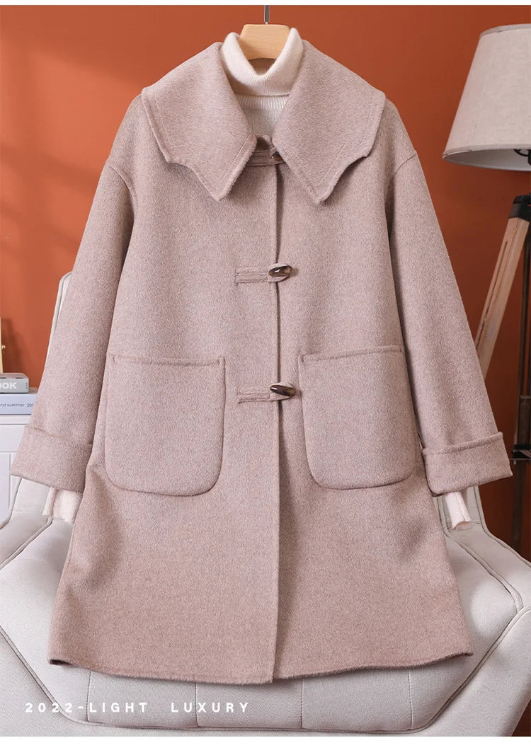 2025 Fashion Large Lapel Horn Button Women's Coat Autumn and Winter New Double-Sided Woolen 100%Pure Wool Warm Coat Large Pocket