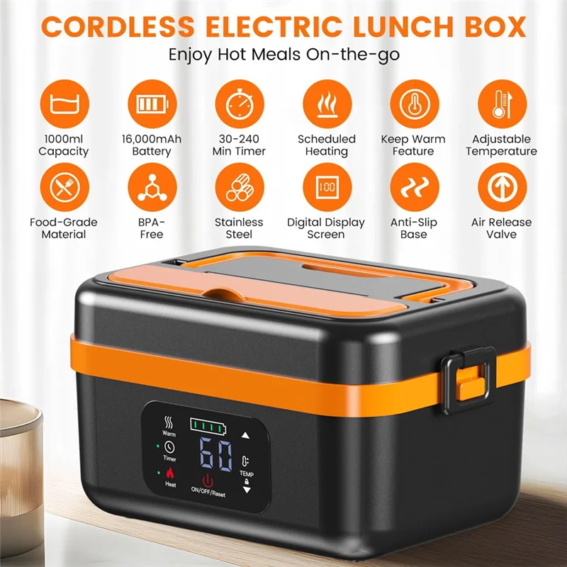 A98I-Cordless Electric Lunch Box, Rechargeable Self-Heating Food Warmer With 16000Mah Battery, For Work/Travel/Car/Office