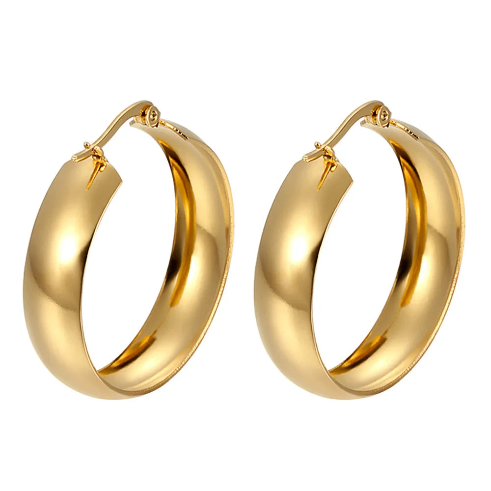 Stainless Steel Earrings for Women, Simple Plain Round Earrings, Gold Color, Wide Fashion Jewelry, Party Gift, 21mm, 31mm, 39mm Width