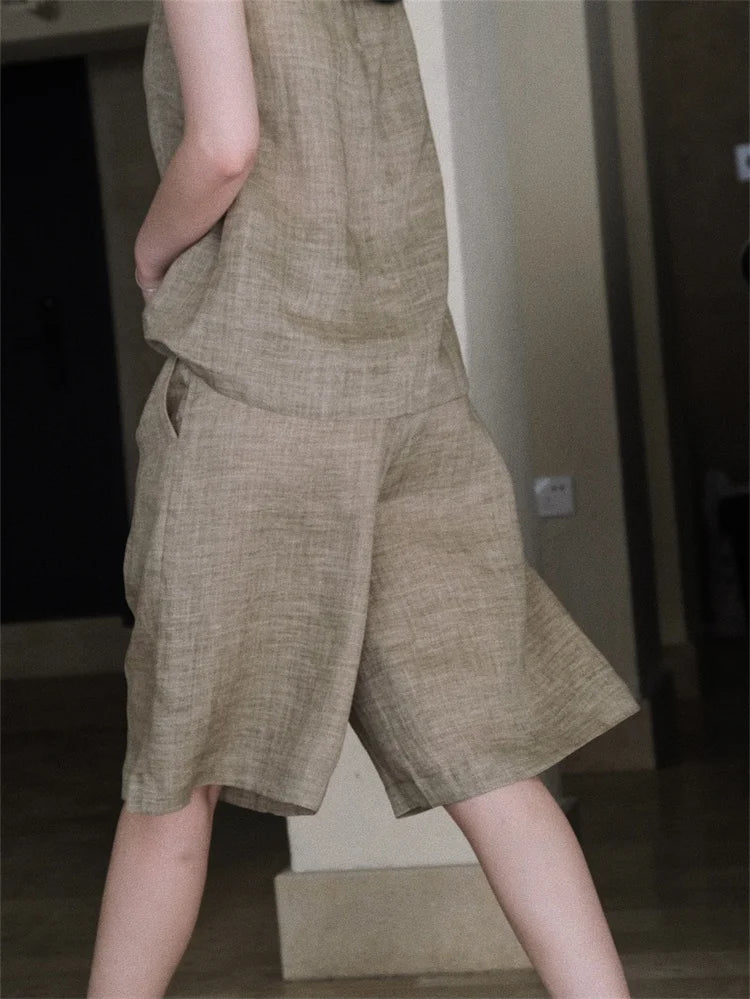 HanOrange 2024 Summer Lazy Linen Casual Knee Length Pants Women Loose Thin Anti-transparent A-line Profile Five Cents Trousers