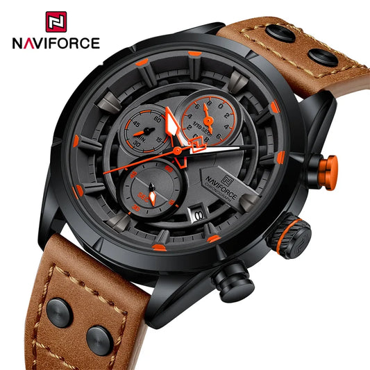 NAVIFORCE - Reloj de pulsera de cuarzo para hombre, estilo casual, de lujo, resistente al agua, con correa de cuero genuino, cronógrafo masculino