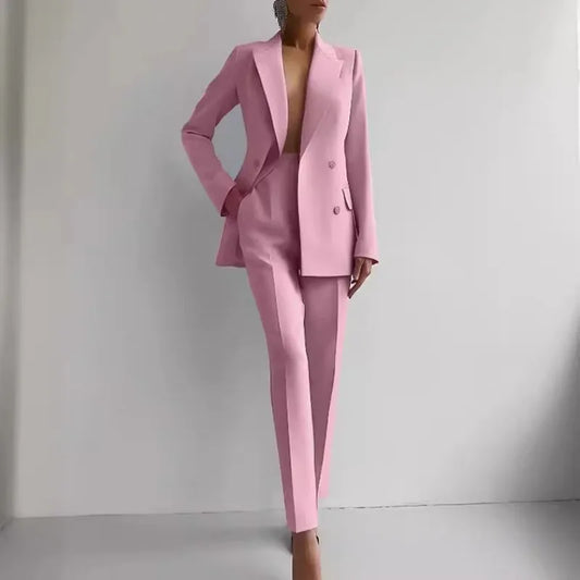 Conjunto de 2 piezas de ropa para mujer, chaqueta blazer de manga larga de color liso, pantalones largos de cintura alta, traje de verano, moda de oficina