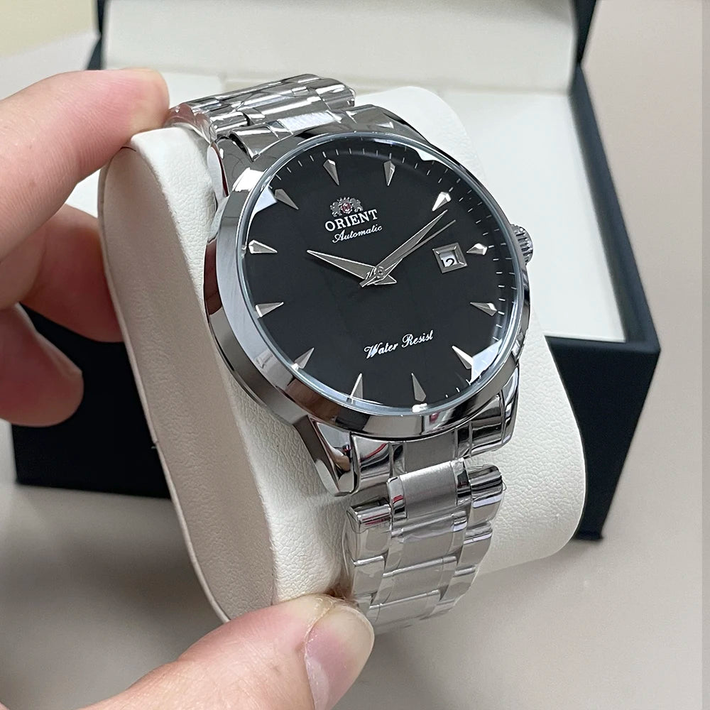 Orient Automatic Men's Watch, Black Dial Stainless Steel Band, Water Resistant Classic Business Wristwatch with Date Display