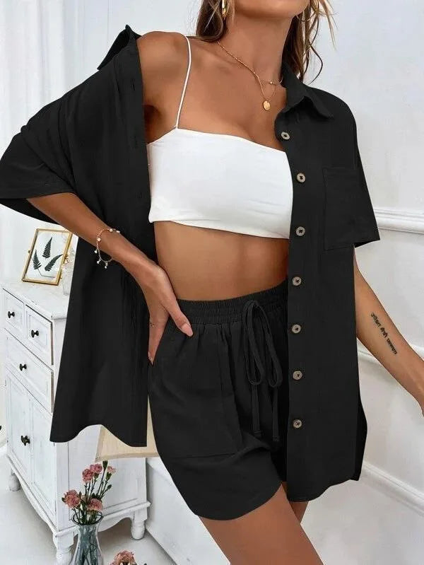 2 Pieces Women Sets Summer Solid Color Short Sleeve Open Stitch Button Blouse+Shorts Casual Women's Set Clothing