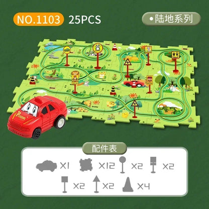 Kids puzzle rail car DIY assembly electric trolley automatic rail city scene building puzzle toys