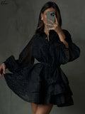 Oymimi Fashion Black Rhinestone Women's Dress Casual Lapel Long Sleeve Button Dresses Elegant New Lace-Up Pleated Mini Dresses