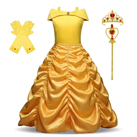Disney Girls Cosplay Belle Princess Dress for Kids Beauty and The Beast Costumes Children Birthday Party with Flower Clothes