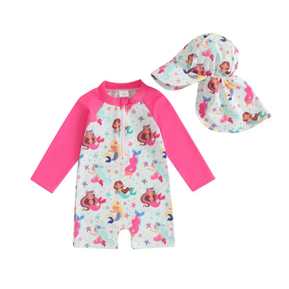 Trajes de baño de verano para niñas y niños pequeños, de manga larga, con estampado floral/tropical, con cremallera y sombrero.