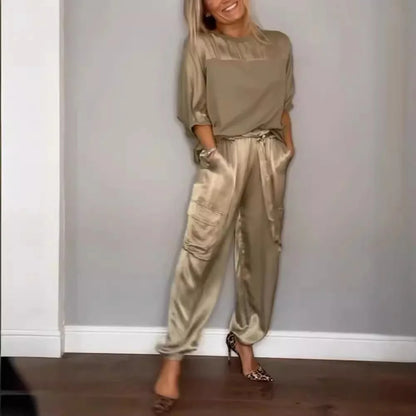 Casual Satin Shirt Pant Sets Women Fashion Pure Color Pocket Pant 2 Piece Sets Women Outfit Summer Loose Shirts Suit Ladies