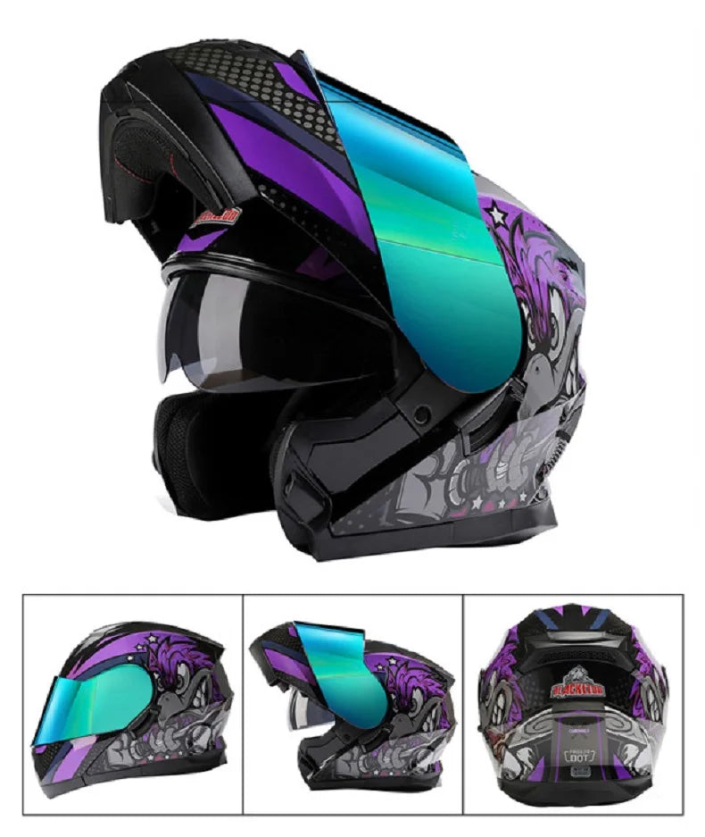 BLD Modular Motorcycle Full Face Helmet ECE Flip-up Double Anti-Fog Visor Purple Bird Sport Design In Stock Adult Men and Women