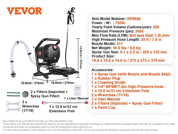 VEVOR 750W 950W Airless Paint Sprayer 3000PSI High Efficiency Electric Airless Sprayer Handheld Paint Sprayers for Home Interior