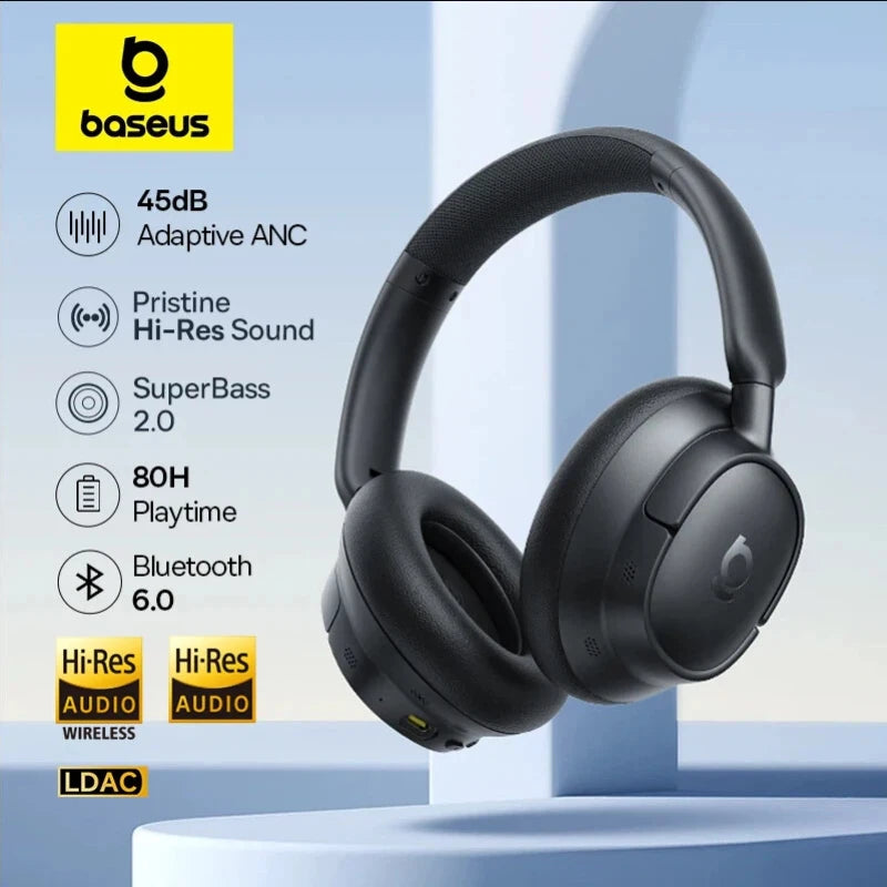 Fone de Ouvido Sem Fio Baseus EH10 NC ANC com Cancelamento de Ruído Híbrido Adaptativo de 45dB, Hi-Res LDAC, Bluetooth 6.0 e 80 Horas de Autonomia