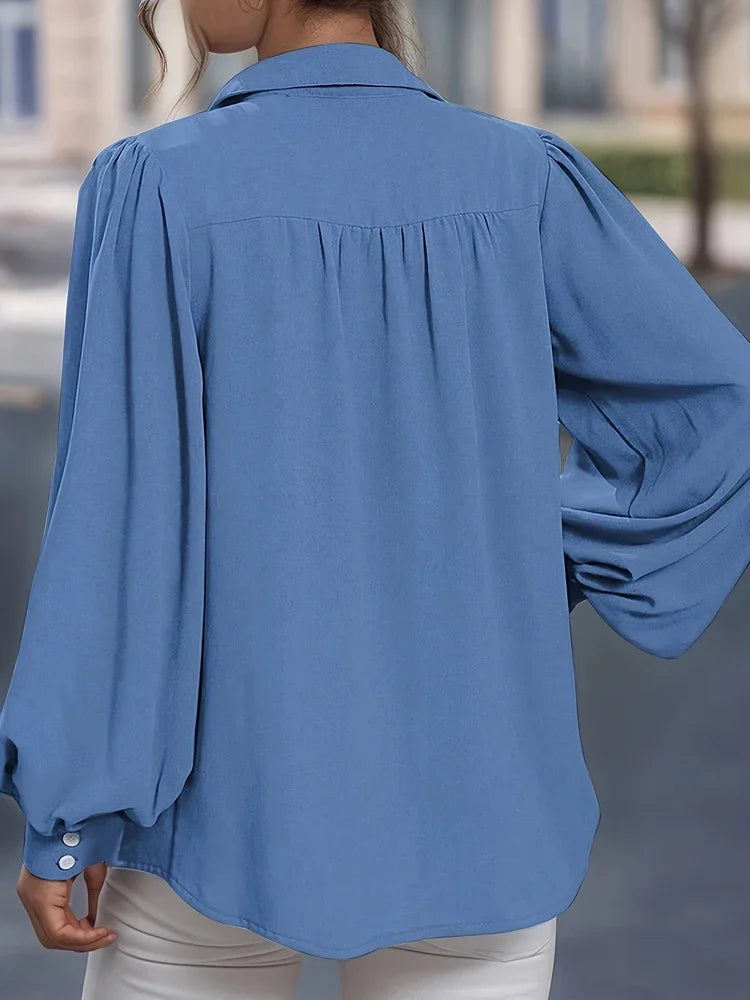 Plus size feminino frente aberta botão lanterna manga camisa casual cor sólida peplum colarinho camisa roupas femininas