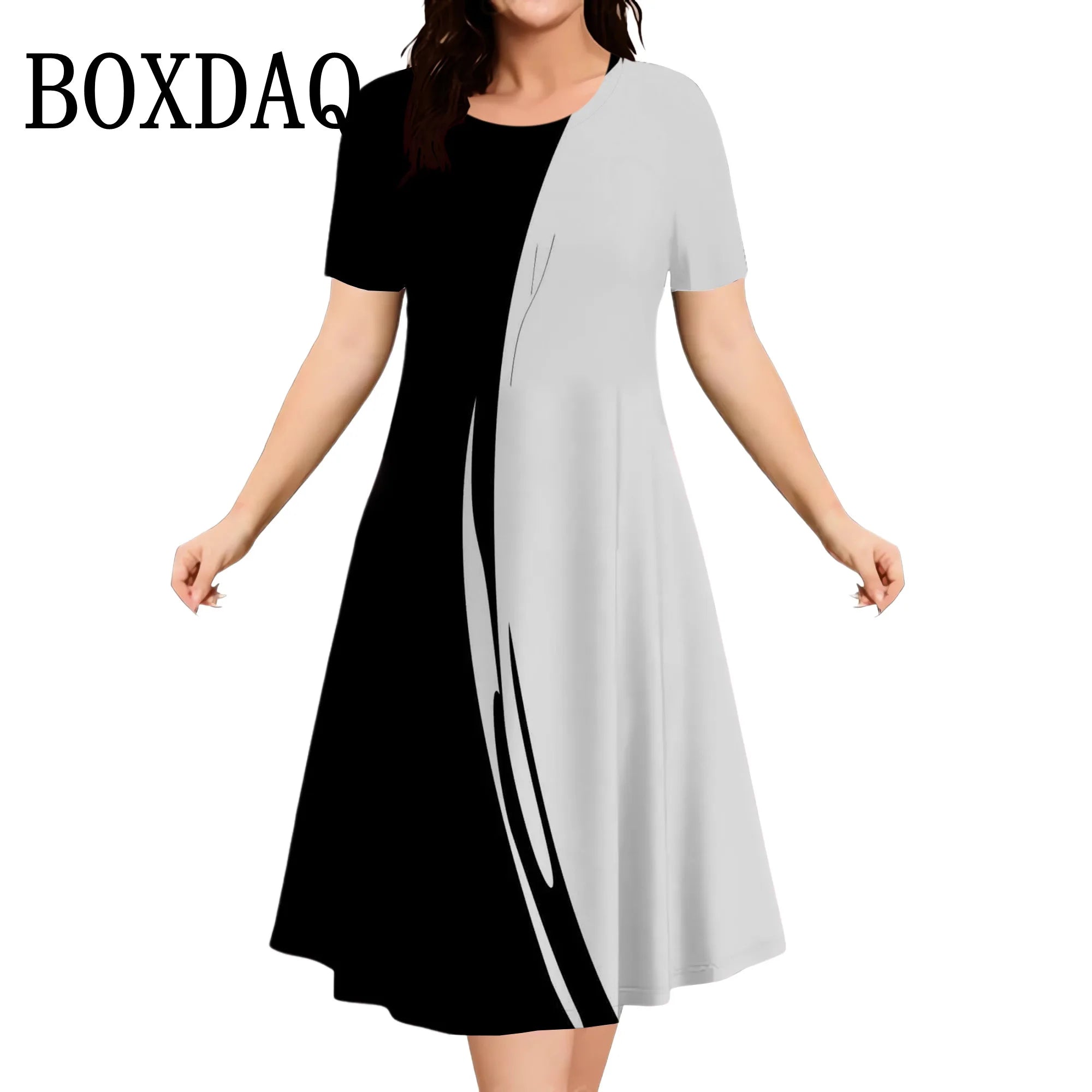 2025 Summer Women Dress Fashion Plus Size Short Sleeve Dress Black White Contrast Color Loose A-Line Dress Big Size 9XL Clothing