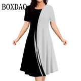 2025 Summer Women Dress Fashion Plus Size Short Sleeve Dress Black White Contrast Color Loose A-Line Dress Big Size 9XL Clothing