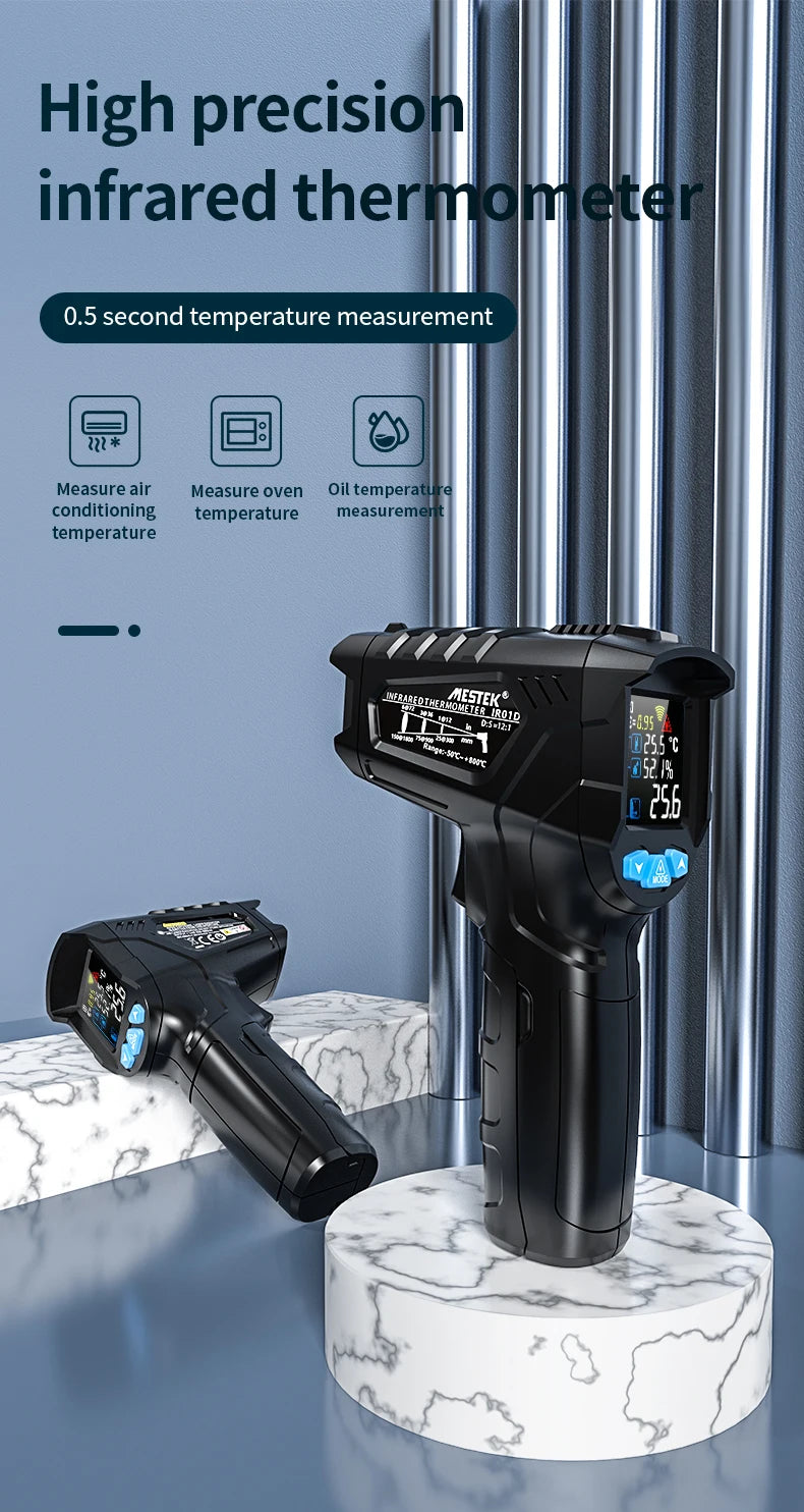 Termómetro infrarrojo digital Mestek de -50 a 800 grados, medidor de temperatura láser, pirómetro sin contacto, higrómetro, termómetro infrarrojo.
