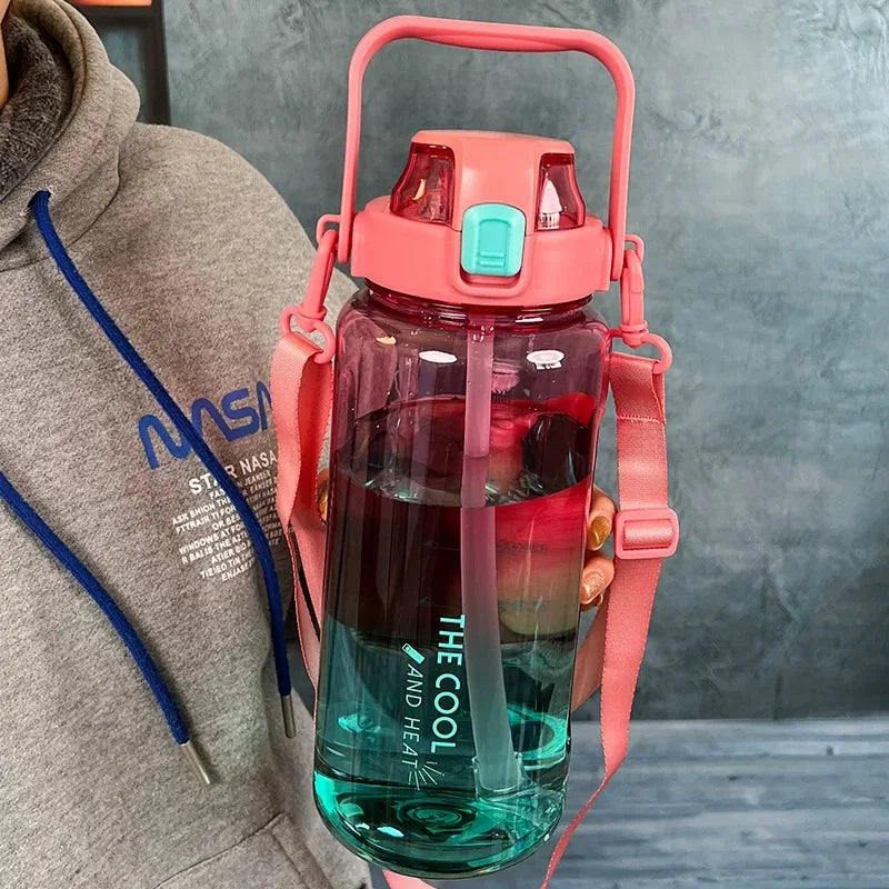 2000ml High Quality Sport Water Bottle With Straw Gym Fitness Outdoor Camping Cycling Hiking Drinking Plastic Bottles With Strap