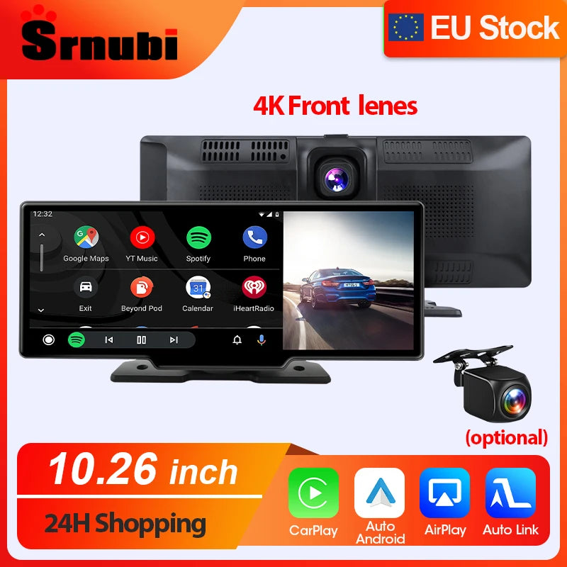 Srnubi 10.26" Dash Cam Rearview Wireless Carplay & Android Auto 4K DVR Navigation Player Dual Lens Recorder Dashboard WIFI 5.0BT