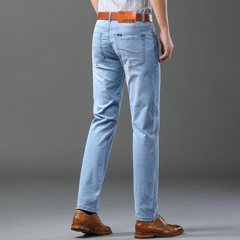 Spring Autumn Business Men Jeans Casual Straight Stretch Fashion Classic Black Sky Blue Grey Work Denim Trousers Brand Clothing