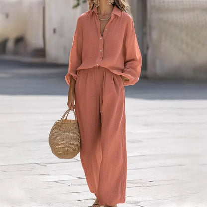 2 pieces women sets 2026 New casual lapel long-sleeved shirt+long pants cotton suit sets women's clothing