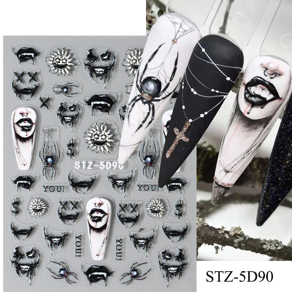 Cinturón negro 5D pegatinas en relieve gótico Halloween estilete calabaza calavera telaraña cremallera manicura uñas gel autoadhesivo decoración