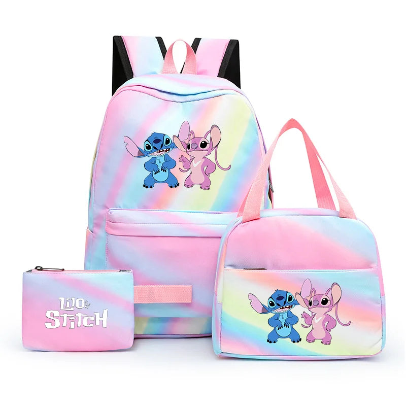 3pcs Disney Lilo Stitch Colorful Backpack with Lunch Bag for Women Student Teenagers Rucksack Casual School Bags Sets