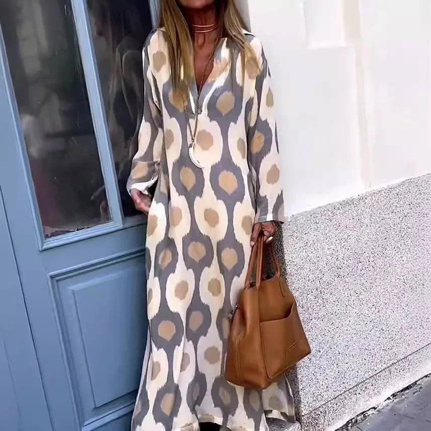 Plus Size 2023 Nova Estação Independente Moda Impressão Exclusiva Vestido Longo com Decote em V Transfronteiriça Europeu Americano Outono Wi...