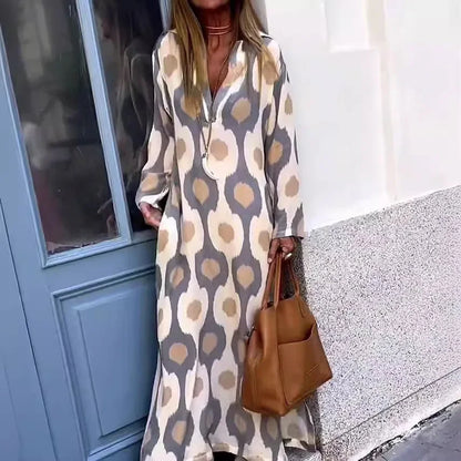 Plus Size 2023 Nova Estação Independente Moda Impressão Exclusiva Vestido Longo com Decote em V Transfronteiriça Europeu Americano Outono Wi...