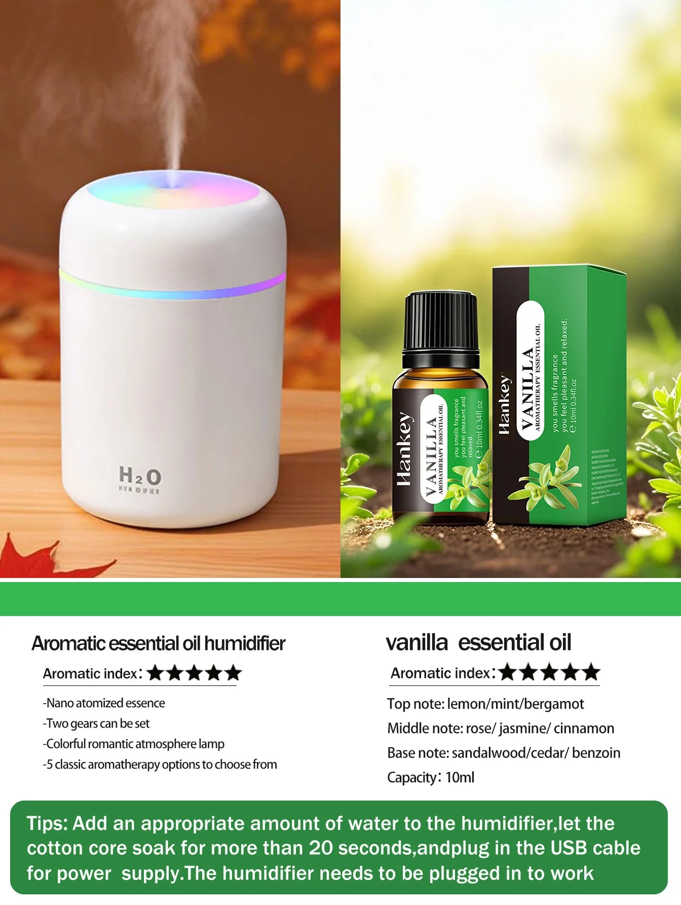 300ml Aromatherapy Diffuser Humidifier Air Purifier Car Home Use Seven-color Light Aromatherapy Essential Oil