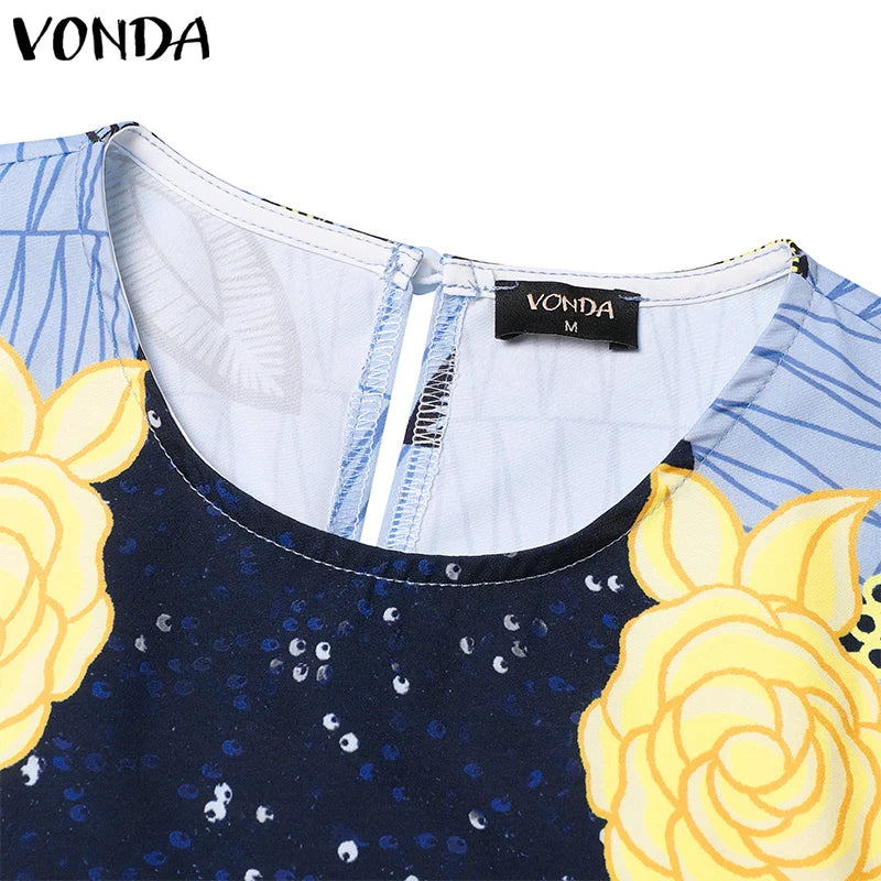 Plus Size VONDA Bohemian Women Flared Long Sleeve Maxi Dress Casual Vestidos Round Neck Loose Print Sundress Ruffles Long Robes